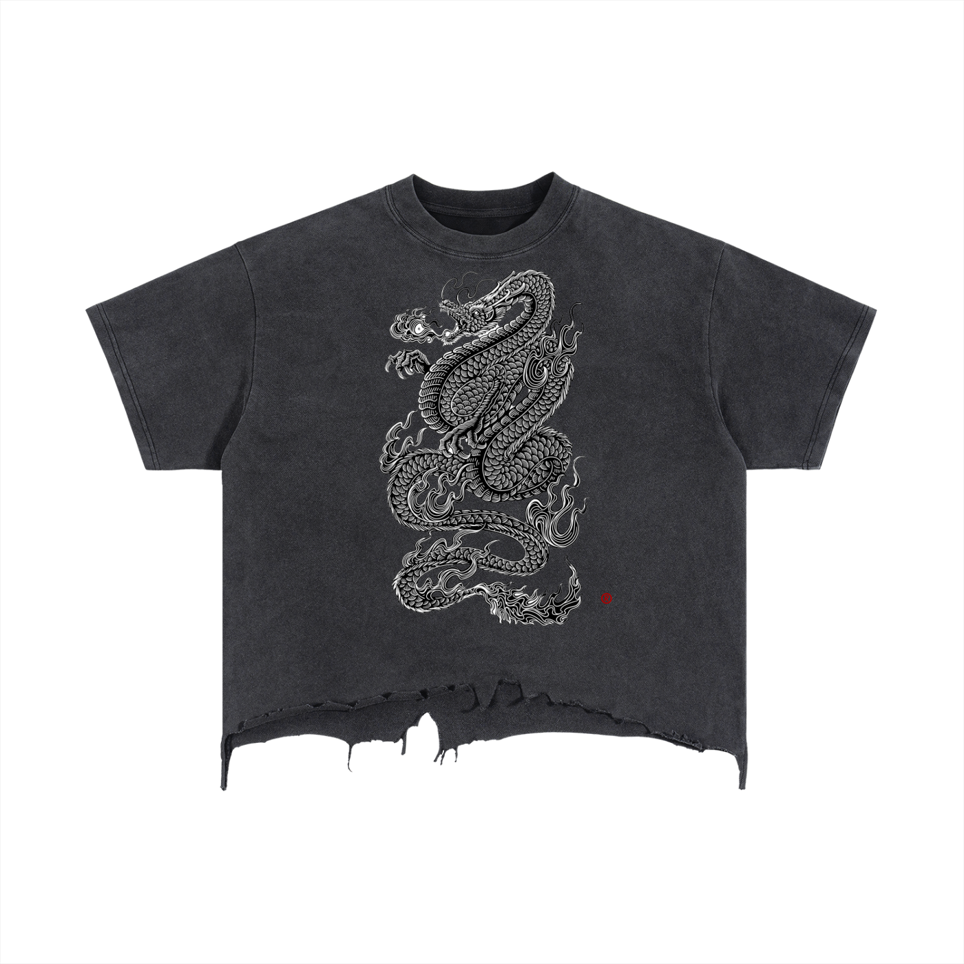 DRAGON GL LOGO Vintage Wash Boxy Distressed Hem T-Shirt
